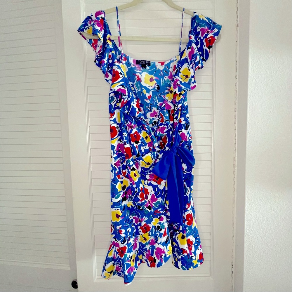 Topshop Blue Floral and Flowy Wrap Dress with Drop Shoulder, Women’s Size 8